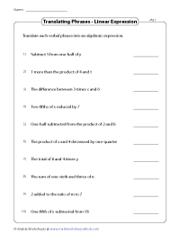 Translating Phrases into Algebraic Expressions Worksheets