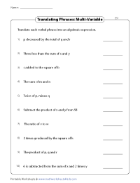 Translating Phrases into Algebraic Expressions Worksheets