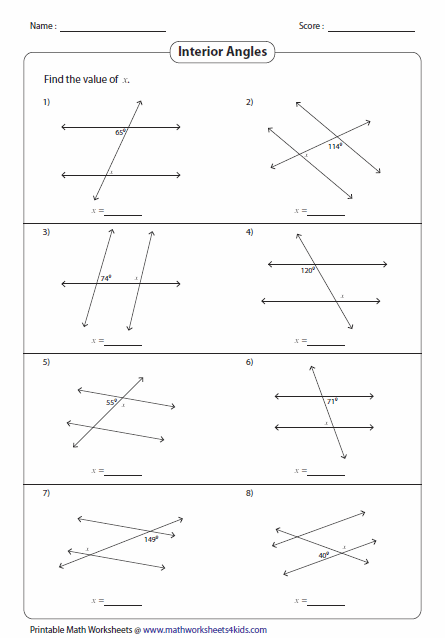 Angles Formed by a Transversal Worksheets