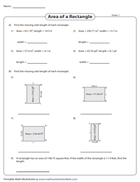 Finding the Length and Width of Rectangles using the Area – Decimals