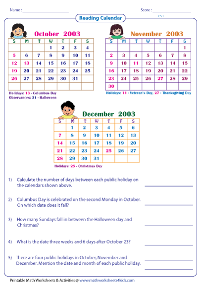 Reading Calendar Worksheets with Word Problems