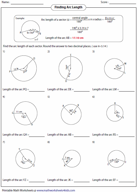 Arc length and Area of Sector Worksheets