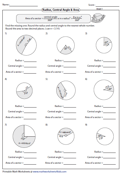 Arc length and Area of Sector Worksheets
