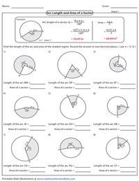 Arc Length and Area of a Sector Worksheets