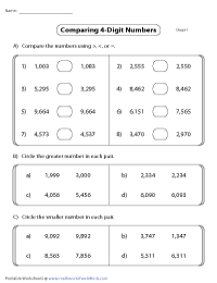 Comparing 4-Digit Numbers Worksheets
