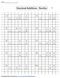 Decimal Addition Using a Grid Worksheets