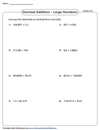 Revision Worksheets: Adding Large Decimals | Level 1