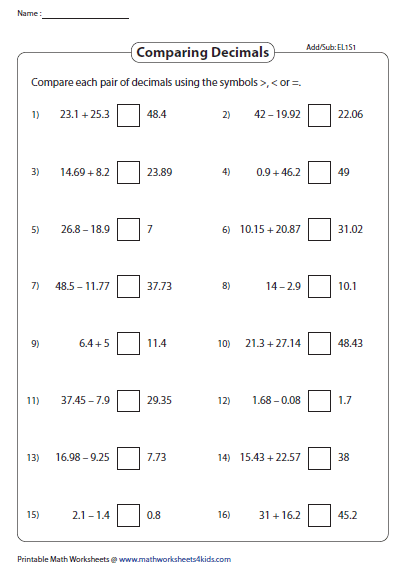 comparing decimals worksheets