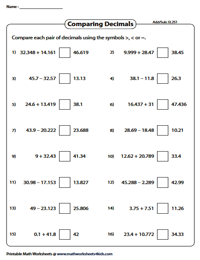 Addition/Subtraction of Decimals: Easy