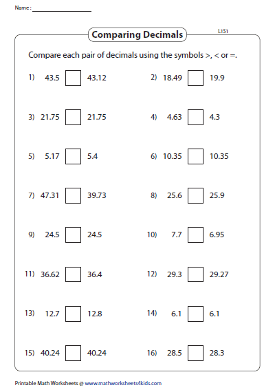 Worksheet On Comparing Whole Numbers And Decimals