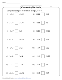 Comparing Decimals Worksheets