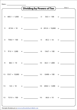 Dividing Decimals by Powers of Ten Worksheets