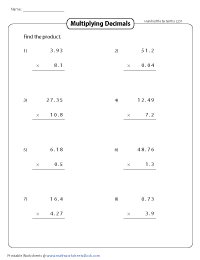Multiplying Decimals Worksheets
