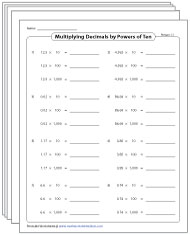 Multiplying Decimals by Powers of Ten Worksheets
