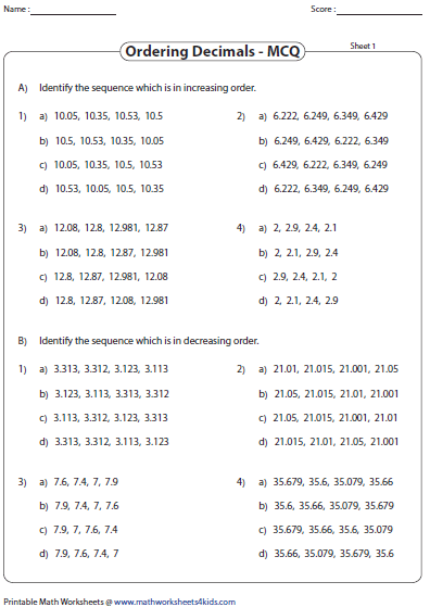 Ordering Decimals Worksheets