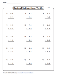 Decimal Column (Vertical) Subtraction Worksheets
