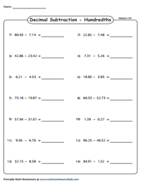 Horizontal Subtraction: Hundredths - Mixed Review | Level 1