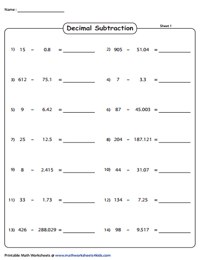 Subtracting Decimals From Whole: Horizontal