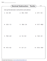 Line up and Subtract | Decimal Subtraction Worksheets