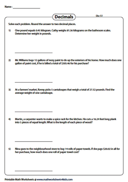 Decimal Word Problems Worksheets