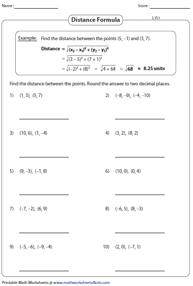 Free Printable Worksheets Distance Formula