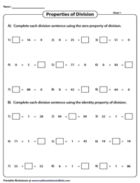 Properties of Division Worksheets