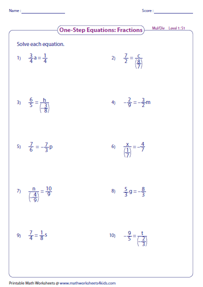 6th grade one step equations worksheet 