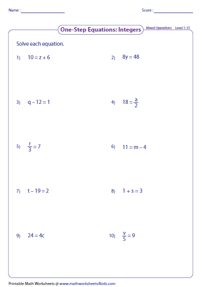 Free Printable One Step Equation Worksheets