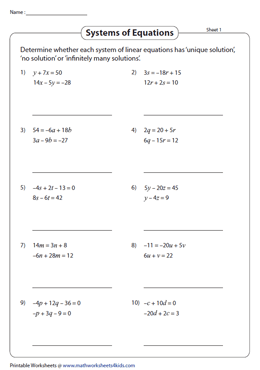 Systems Of Equations Worksheets Simultaneous Equations