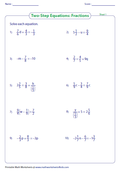 Two-Step Equation Worksheets