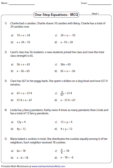 One Step Equation Word Problems Worksheets