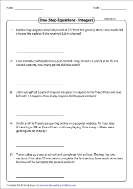 one step equation word problems worksheets