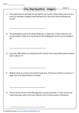 One Step Equation Word Problems Worksheets