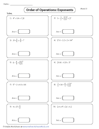 Evaluating Numerical Expressions with Exponents Worksheets