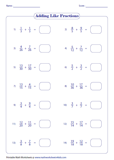 Adding Fractions With Whole Numbers And Like Denominators Worksheets