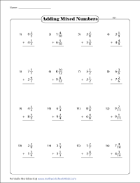 Adding Mixed Numbers Worksheets