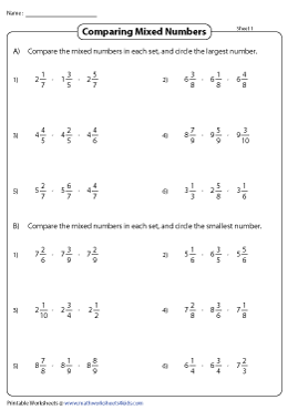 Comparing Mixed Numbers Worksheets
