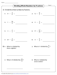Dividing Fractions and Whole Numbers Worksheets