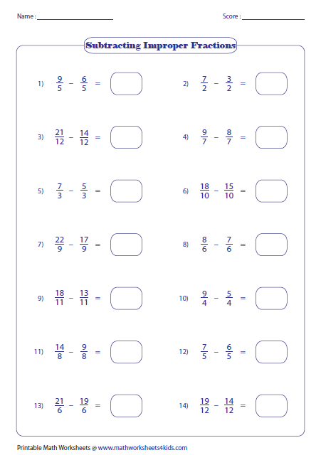 Subtracting Fractions With Whole Numbers And Different Denominators Worksheets