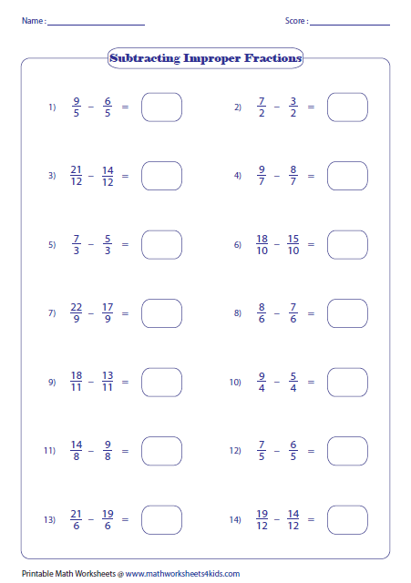 Subtracting Fractions Worksheets