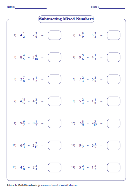 Subtraction With Mixed Numbers Worksheet