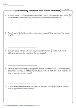 Subtracting Fractions Word Problems Worksheets