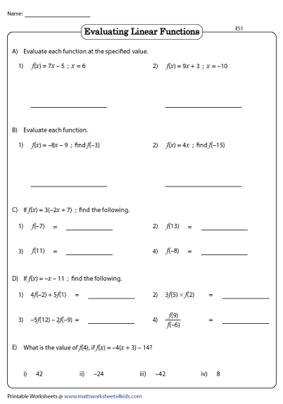 Evaluating Functions Worksheet Algebra 1