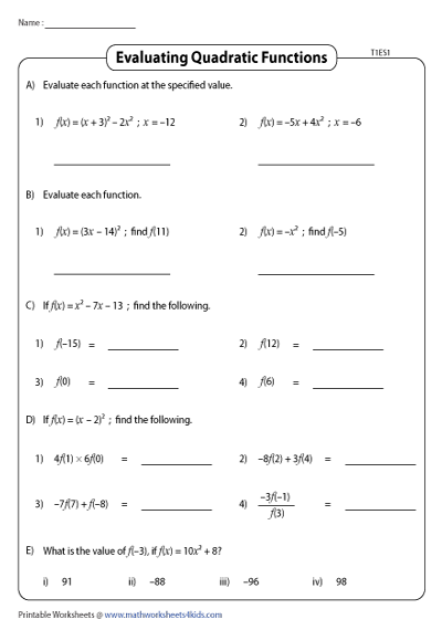 Evaluating Quadratic Functions Worksheets