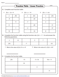 Function Table Worksheets