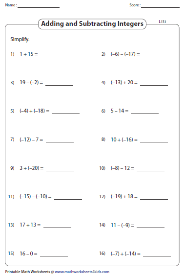 adding and subtracting integers homework