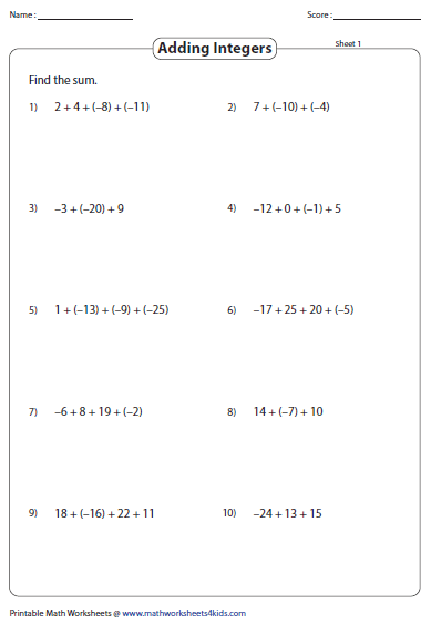 Adding and Subtracting Integers Worksheets