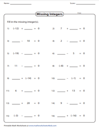 Adding and Subtracting Integers Worksheets