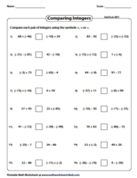 Comparing and Ordering Integers Worksheets