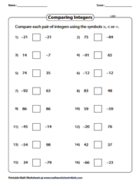 Comparing and Ordering Integers Worksheets